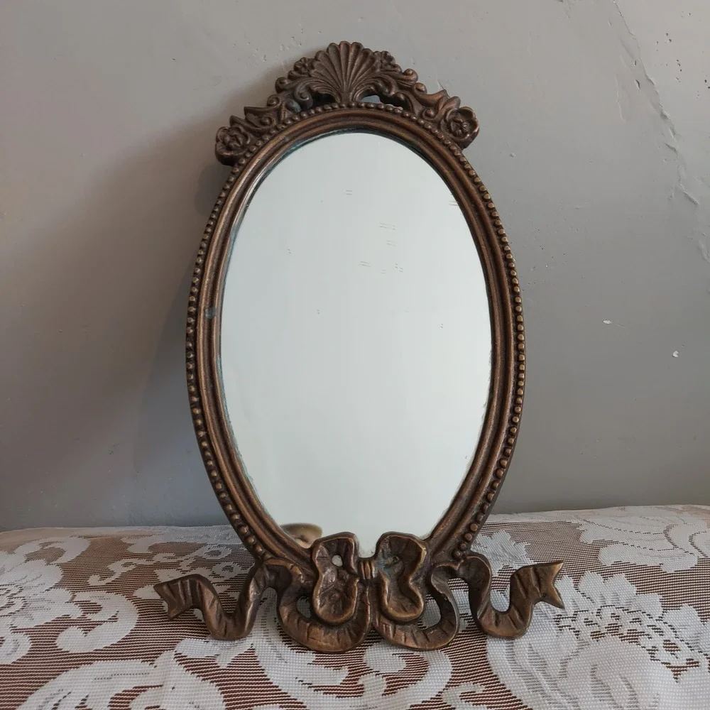Vintage Ornate Oval Vanity Mirror Bronze Cast Metal Shell Ribbon Bow 14x7.75in